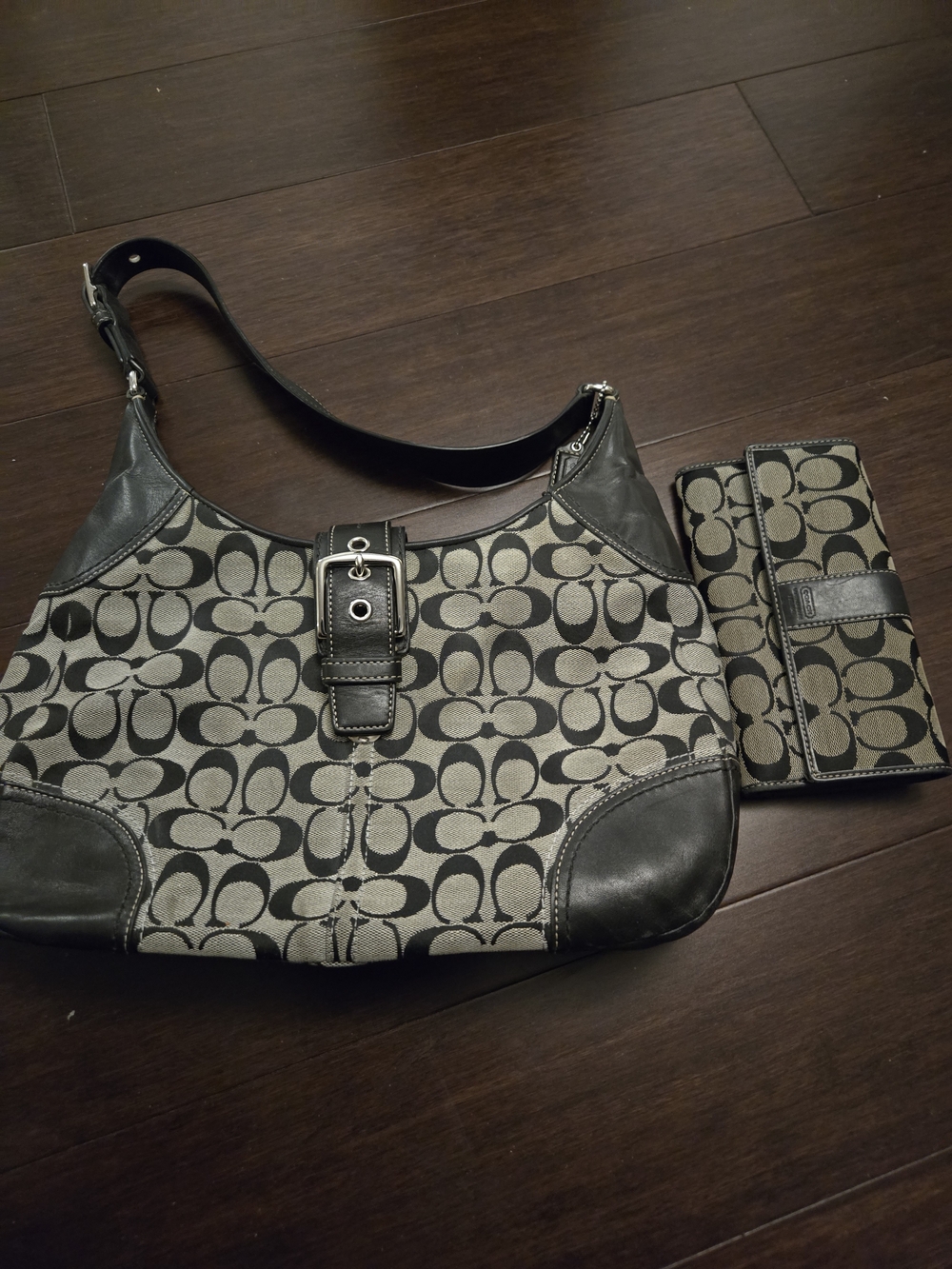 Coach Black and Grey Signature Canvas Shoulder Bag with Wallet Set
